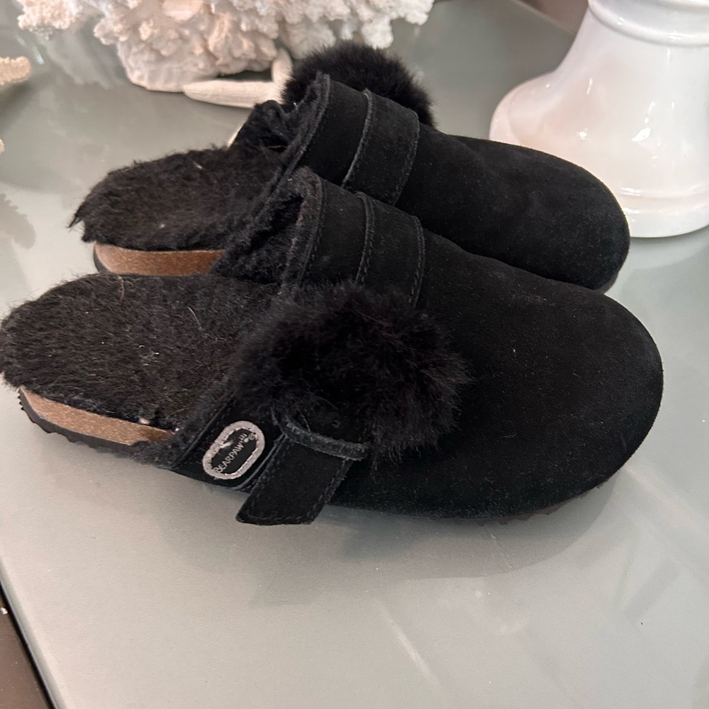 BearPaw Black Mules with Fur Trim